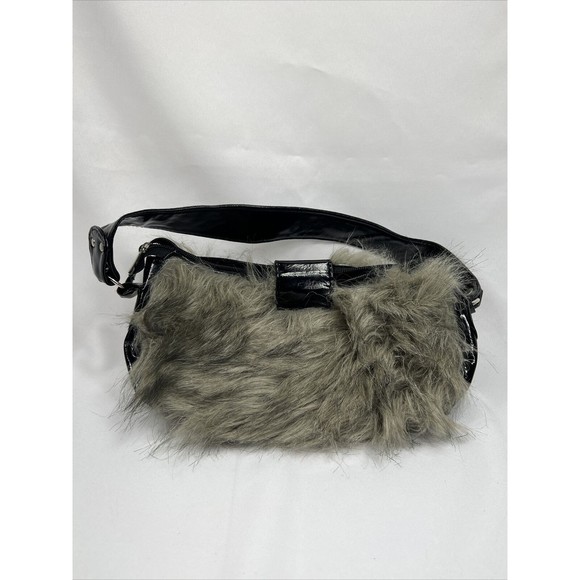 Furry Black￼ Purse Clutch Bag Strap Small  Zipper Faux Fur Bag - Picture 2 of 7
